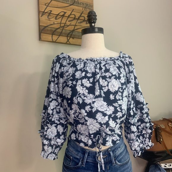 LC Crop Top Navy White Daisy Print Balloon Ruffle 3/4 Sleeves Drawstring Size M - Picture 14 of 15